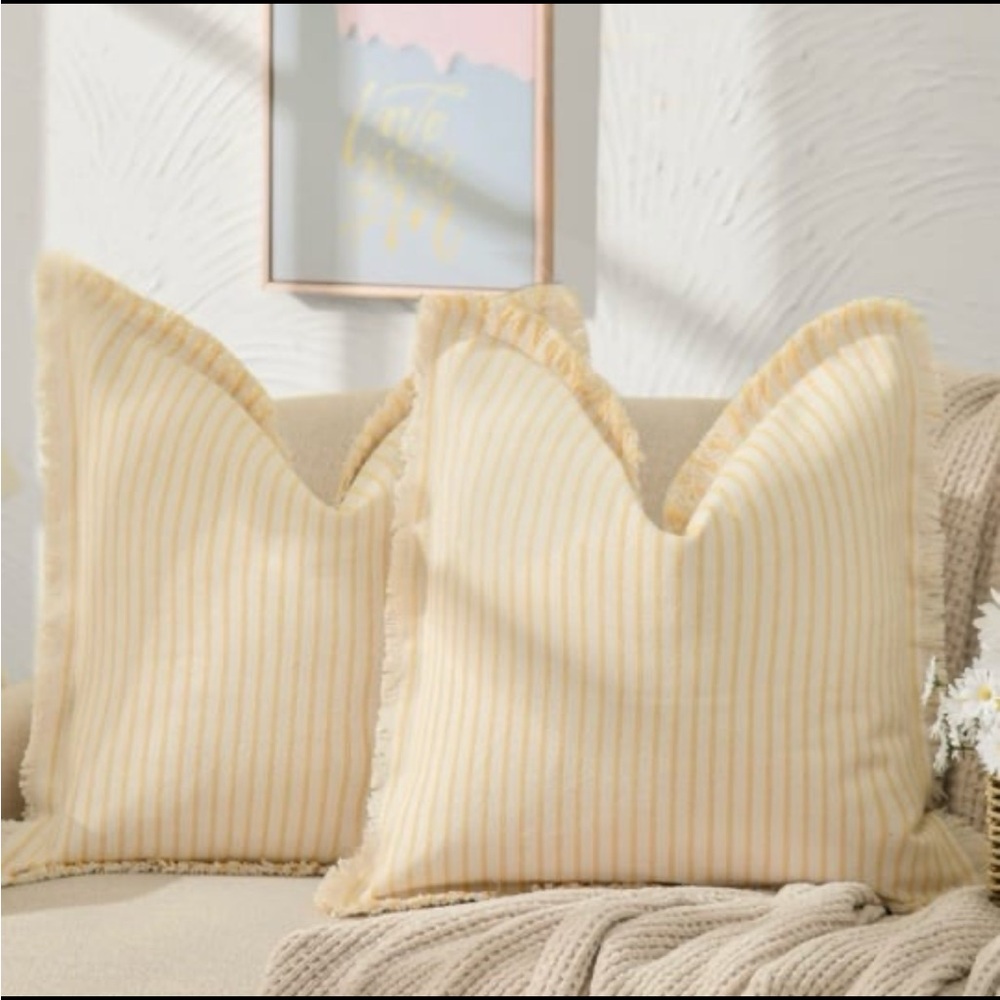 Boho Farmhouse Striped Yellow Cream Accent Pillow Covers 22x22” (2-Pack)